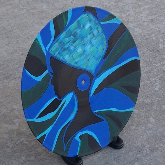 Handmade Painted Record with Lady in Hat Blue Green Black Upcycled Abstract